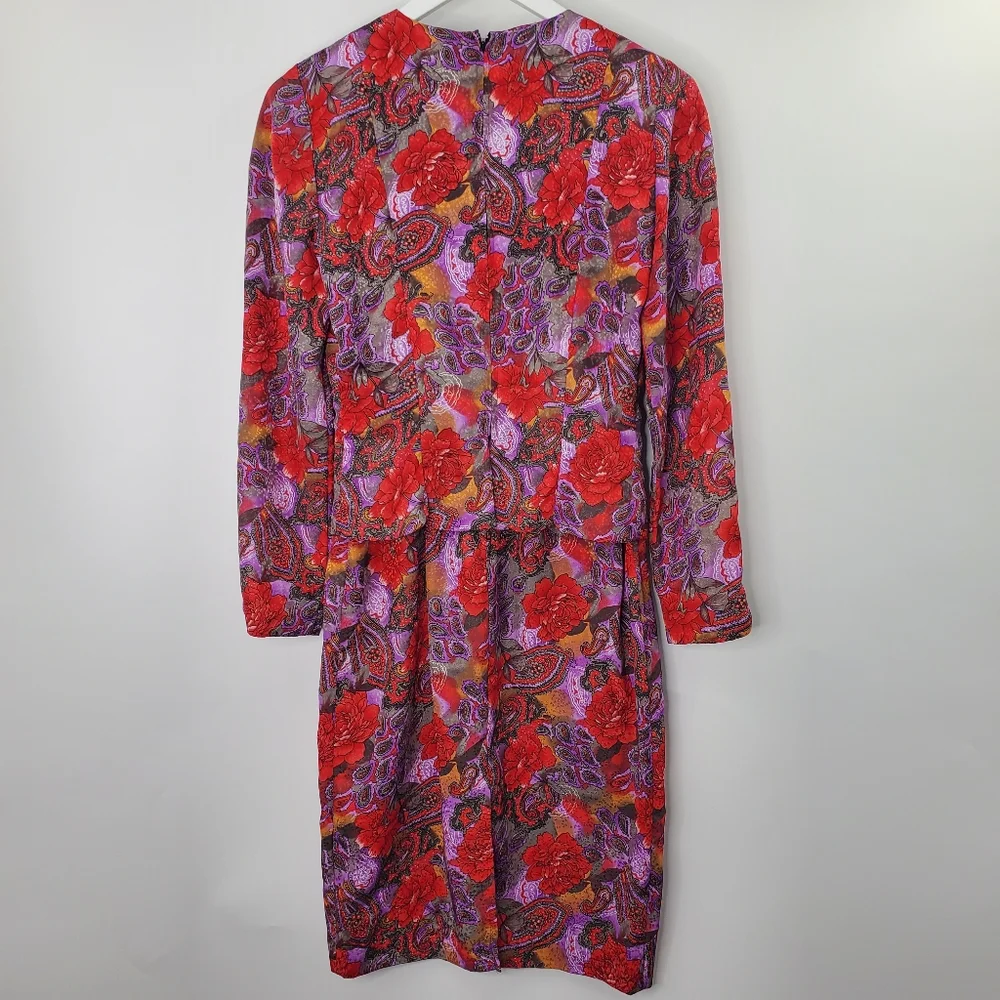 Vintage 80s Maggy Boutique Floral Printed Satin Suit Dress Pearl Buttons - Picture 5 of 9